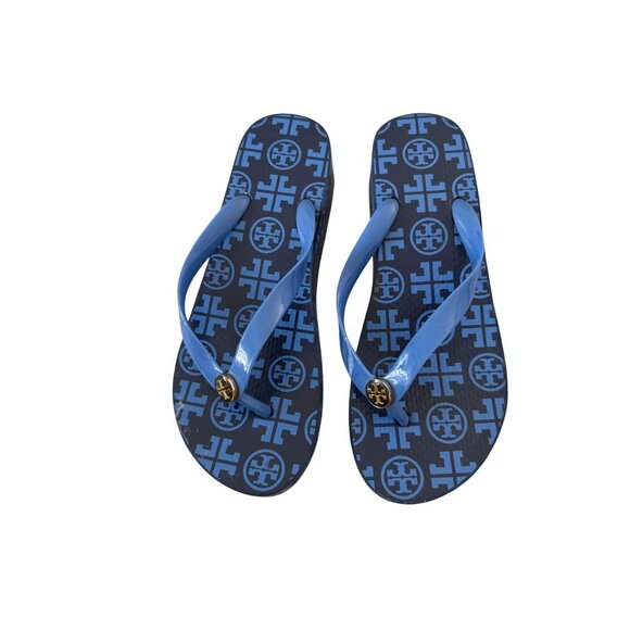 TORY BURCH Blue Gold Platform Flip Flops Sandals Size 8 - Picture 9 of 10